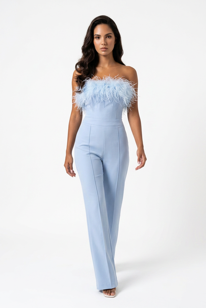 Feather Trim Strapless Wide-Leg Jumpsuit