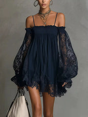 Spaghetti Strap Lace Flounce Sleeve Mini Dress