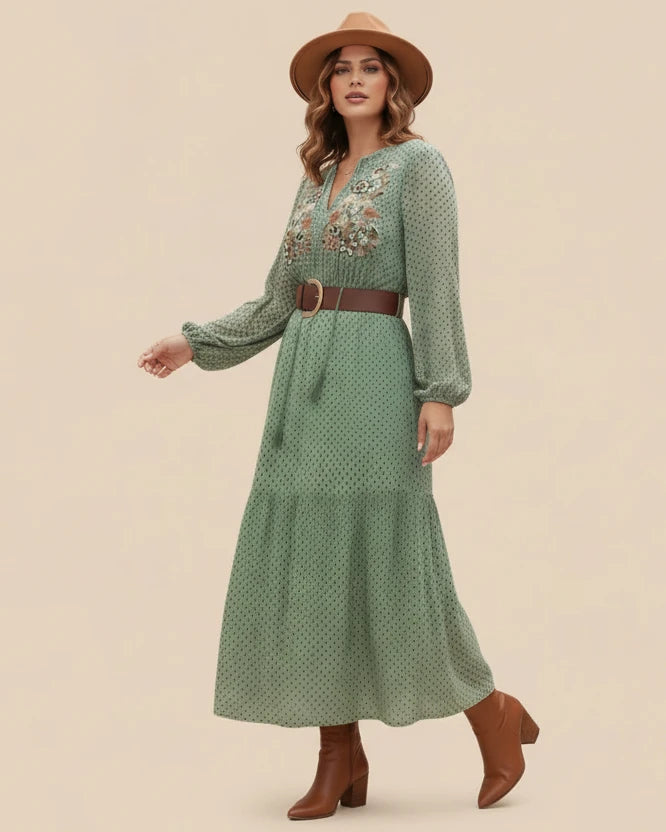 Gum Leaf Plus Size Tassel Tie Neck Long Sleeve Midi Dress