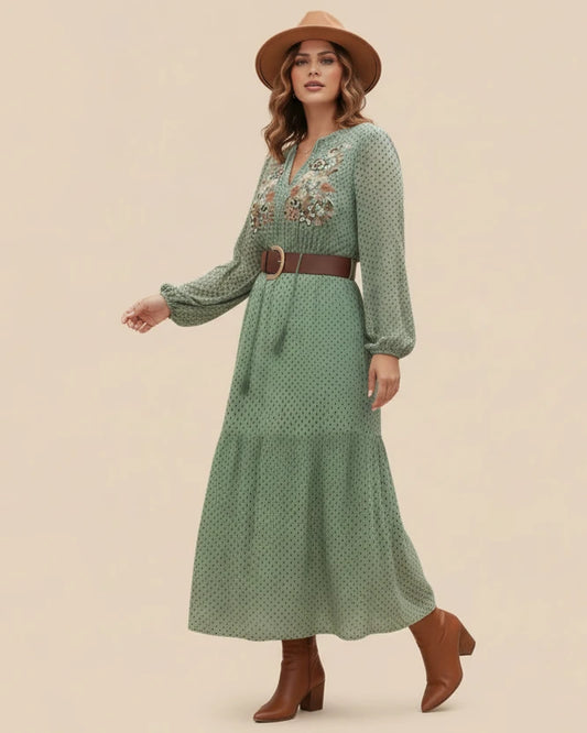 Gum Leaf Plus Size Tassel Tie Neck Long Sleeve Midi Dress