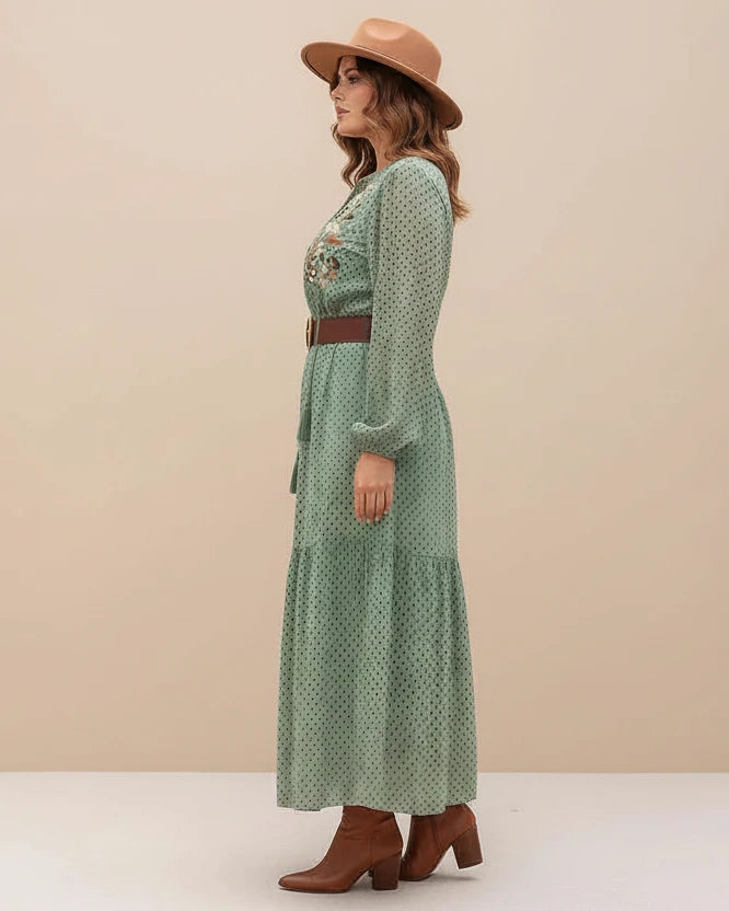 Gum Leaf Plus Size Tassel Tie Neck Long Sleeve Midi Dress