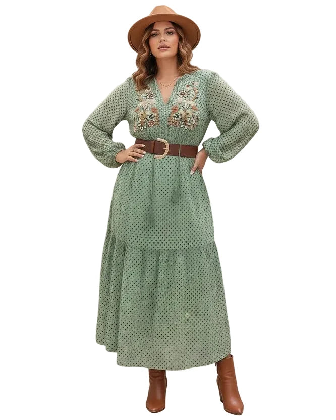 Gum Leaf Plus Size Tassel Tie Neck Long Sleeve Midi Dress