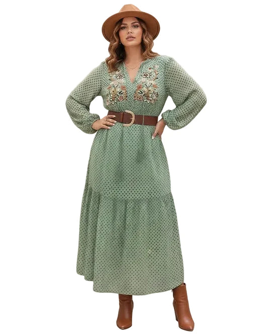 Gum Leaf Plus Size Tassel Tie Neck Long Sleeve Midi Dress