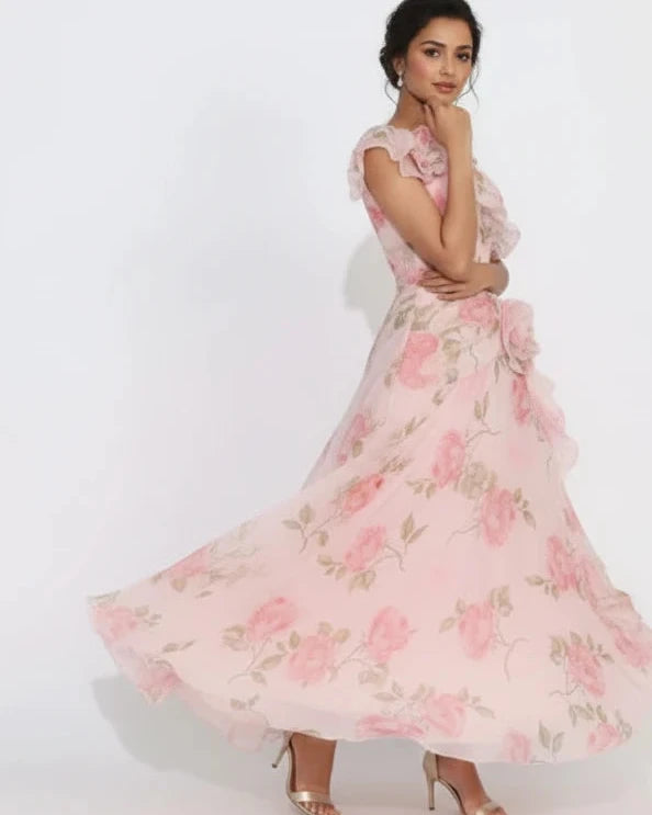 Floral Ruffled Short Sleeve Maxi Dress