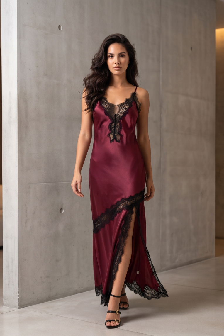 A woman models a floor-length burgundy satin slip gown with black lace trim and a high side slit in a modern minimalist interior with concrete walls.