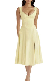 Scalloped V-Neck Lace-Up Midi Dress