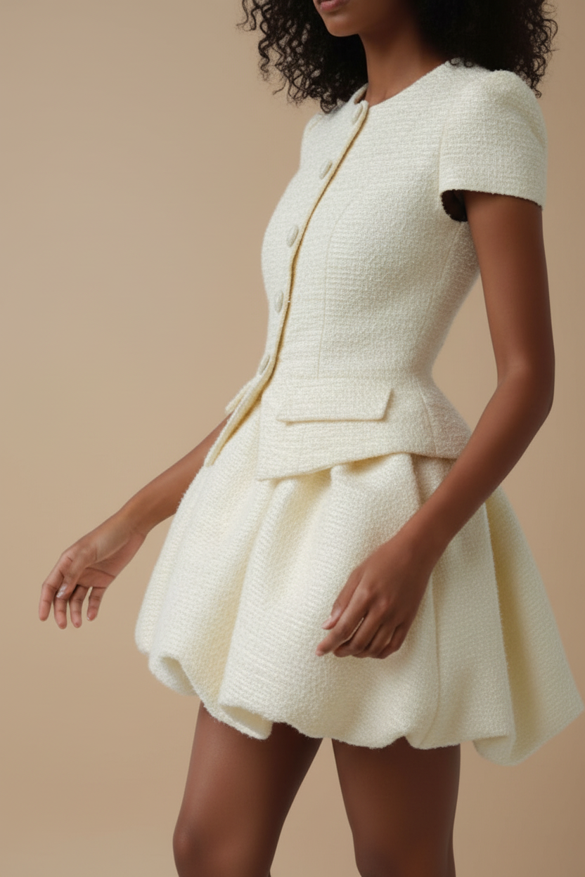 Woman wearing a cream-colored dress with a fitted bodice and flared skirt against a neutral background- size view