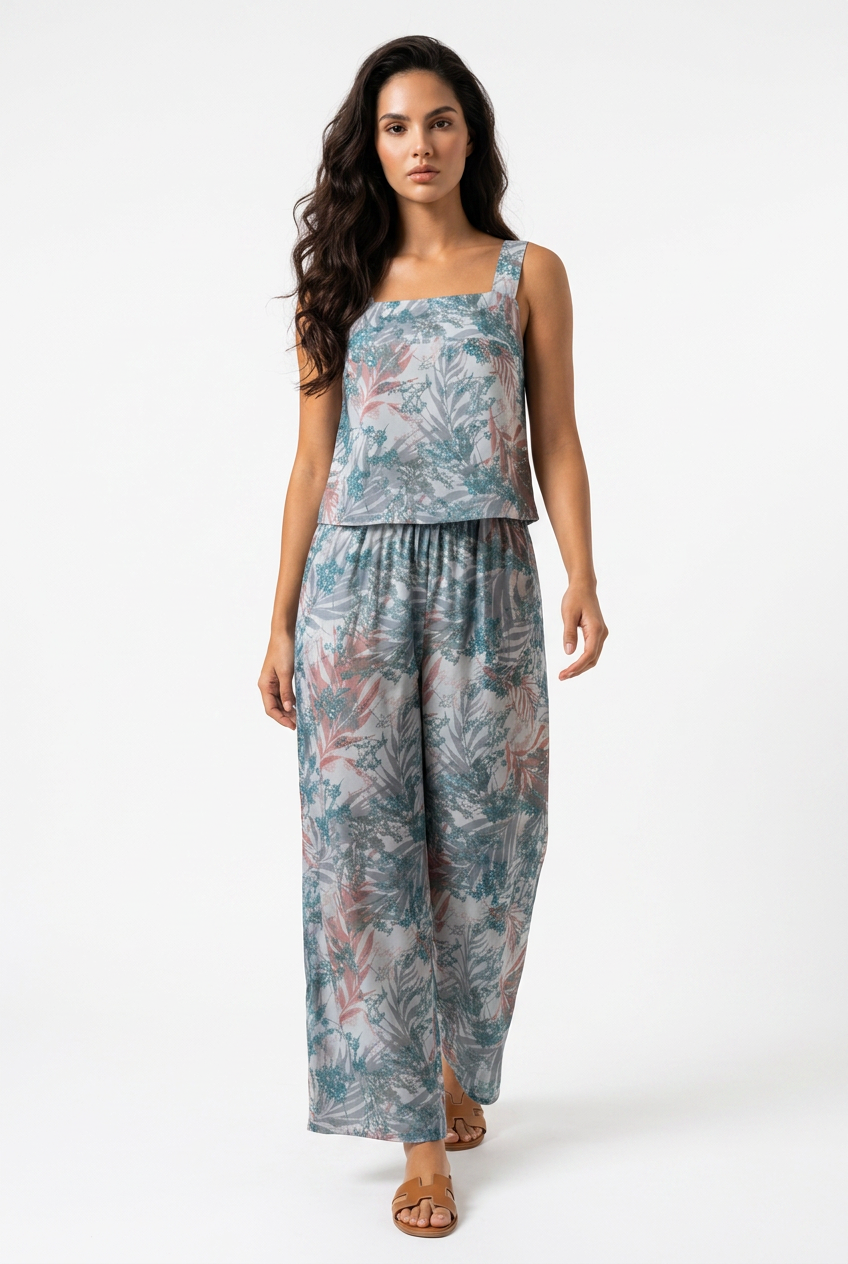 A woman modeling a sleeveless two-piece jumpsuit with a tropical leaf print in shades of teal, dusty blue, and muted pink, set against a plain white studio background.