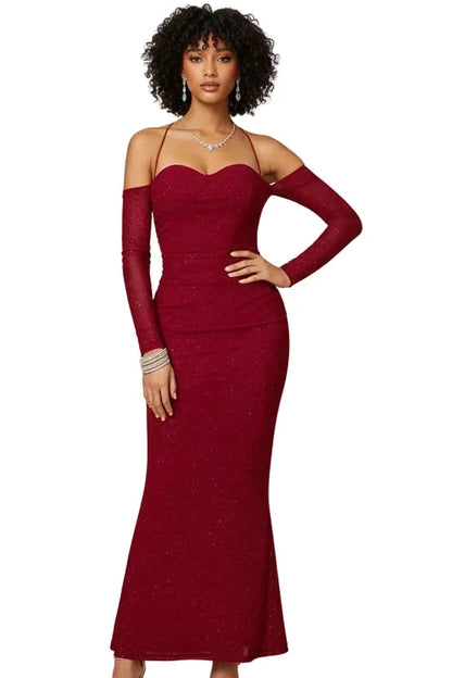 Lady model wearing a Glitter Sweetheart Neck Long Sleeve Maxi Dress