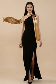 Draped One-Shoulder Slit Evening Gown