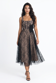 Noir Lace Square Neck Midi Dress