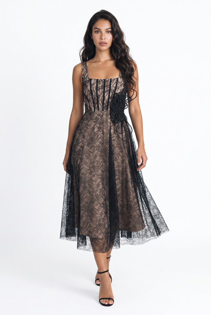 Noir Lace Square Neck Midi Dress