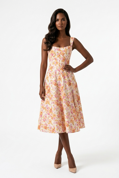 A woman modeling a sleeveless midi dress with a soft floral print in pastel orange, pink, and yellow on a cream background, paired with beige pointed-toe heels against a plain white studio background.