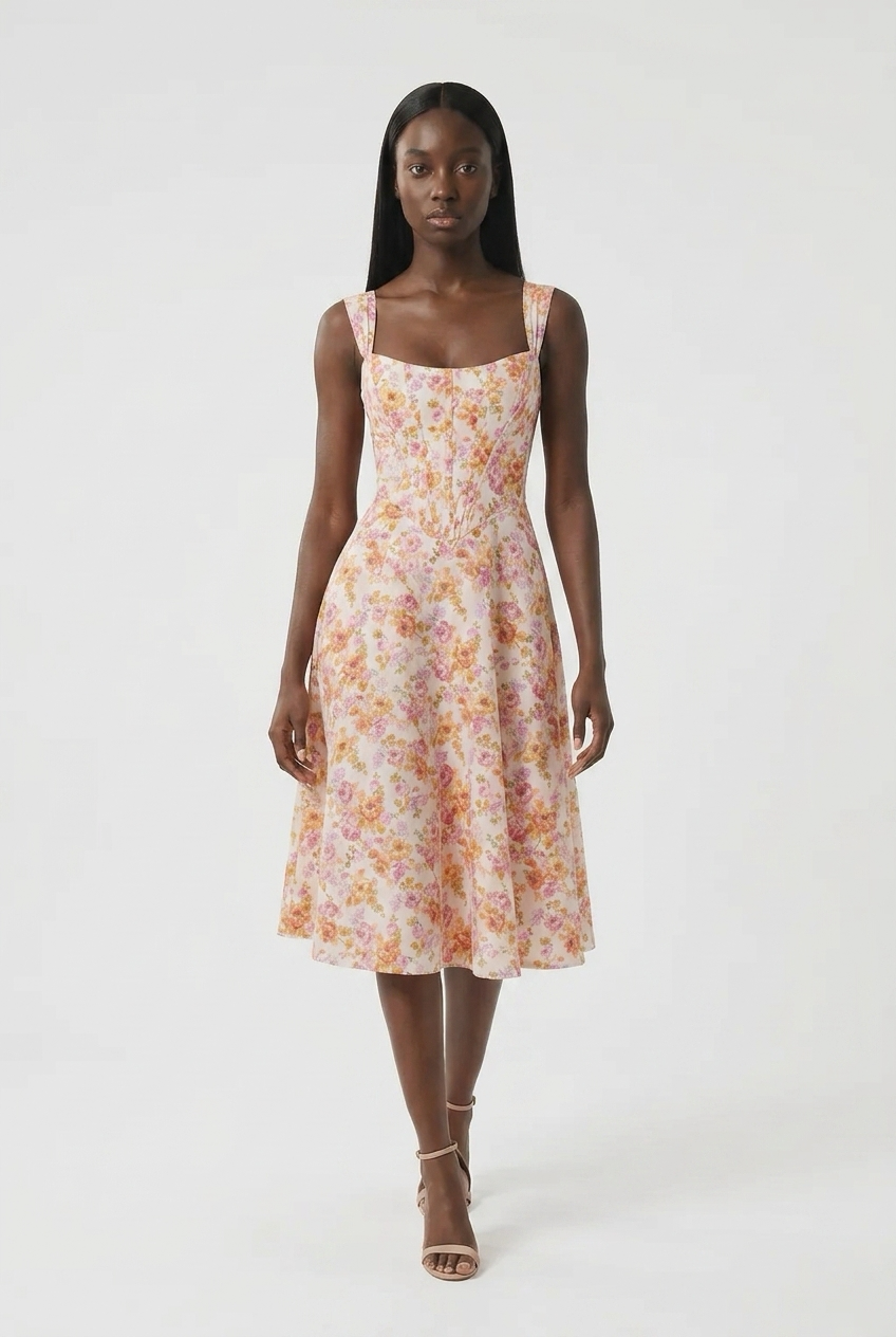 A model wearing a sleeveless midi dress with a delicate pink, orange, and yellow floral print on a cream background, paired with beige strappy high-heeled sandals, shot against a plain white studio background.