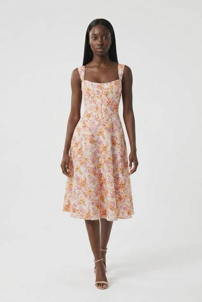 A model wearing a sleeveless midi dress with a delicate pink, orange, and yellow floral print on a cream background, paired with beige strappy high-heeled sandals, shot against a plain white studio background.
