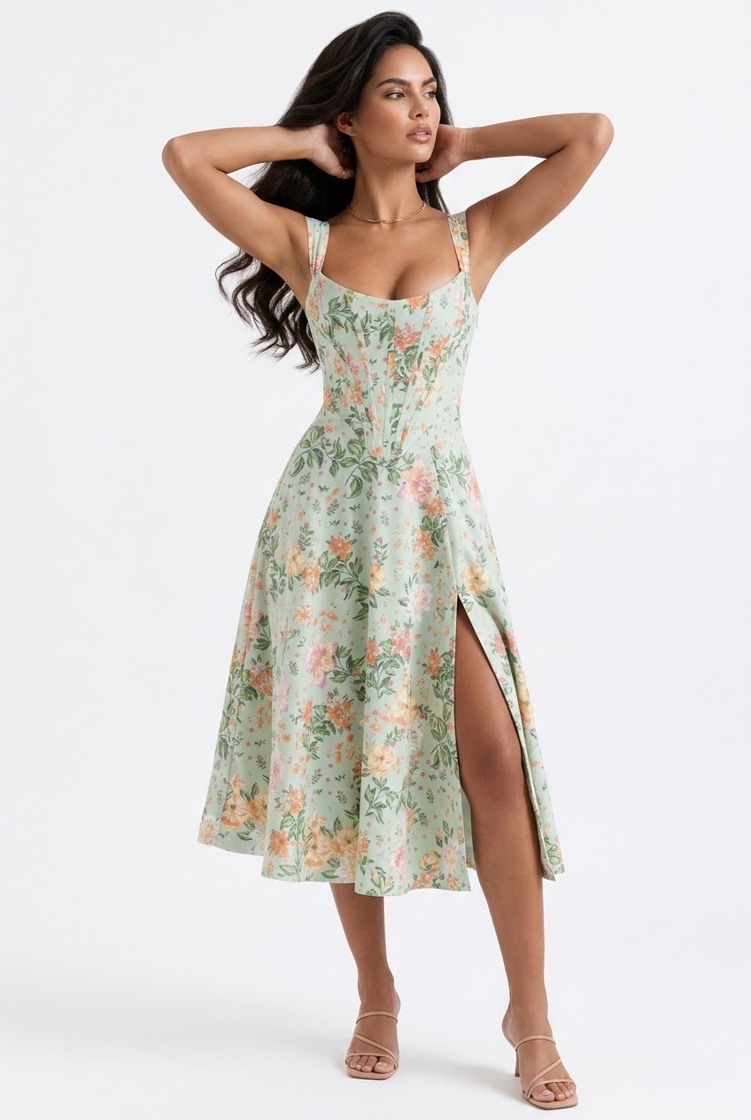 A woman modeling a sleeveless midi dress with a light sage green floral print, featuring a sweetheart neckline, thin straps, and a high side slit, set against a plain white studio background.