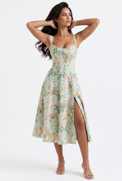 A woman modeling a sleeveless midi dress with a light sage green floral print, featuring a sweetheart neckline, thin straps, and a high side slit, set against a plain white studio background.