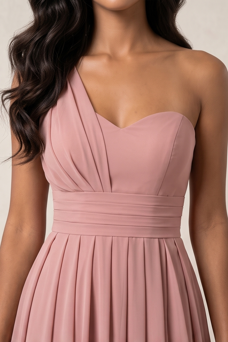 A woman wearing a dusty pink one-shoulder strapless dress with a sweetheart neckline, ruched bodice, and pleated skirt, shown against a neutral beige background.