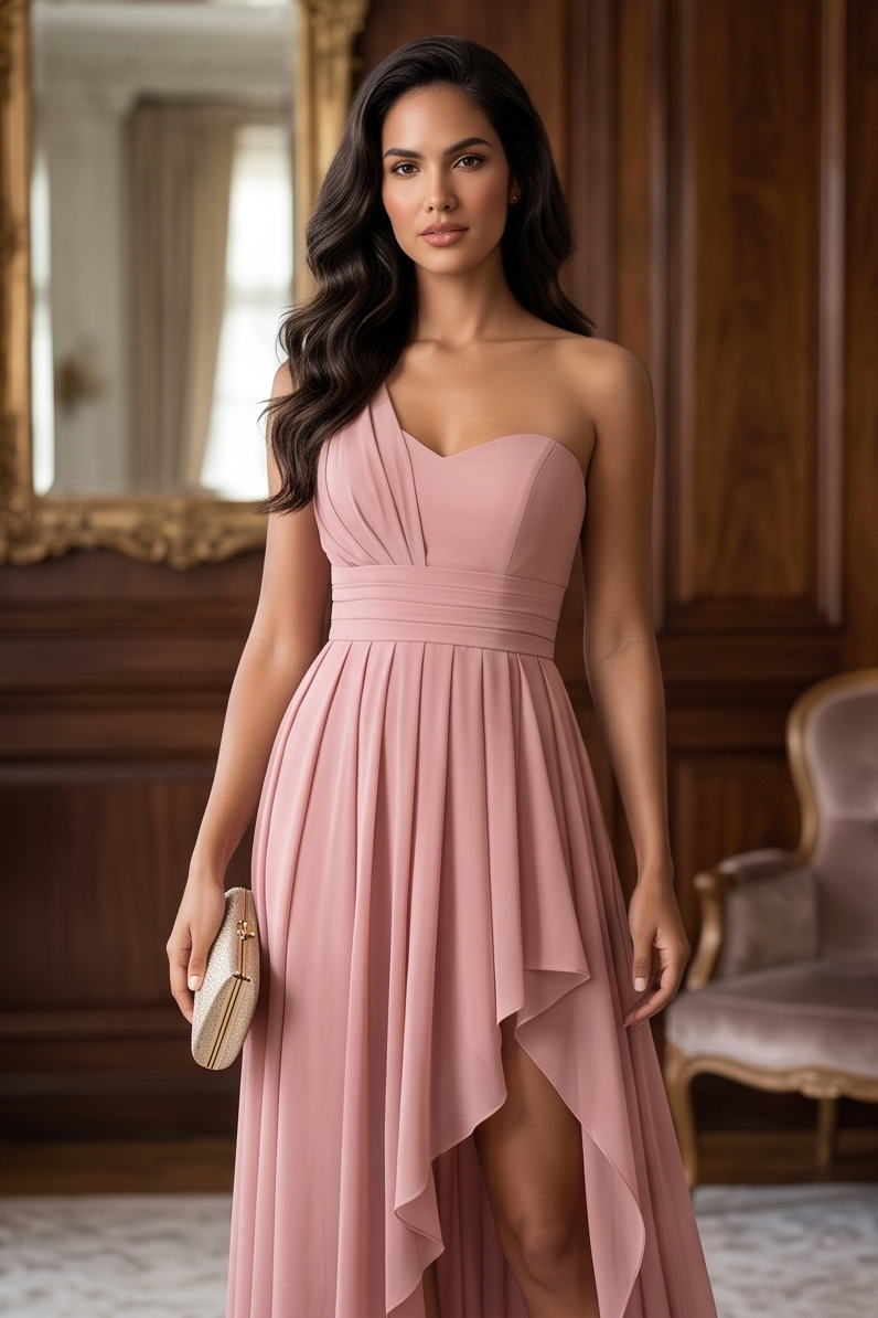 A woman stands indoors wearing a strapless dusty pink high-low dress with a draped neckline and flowing skirt. She holds a small metallic clutch, with a dark wood-paneled room, mirror, and upholstered chair in the background.