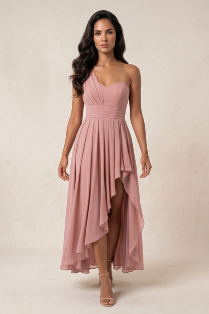 A woman modeling a dusty pink one-shoulder high-low dress with a pleated skirt and draped overlay, standing against a neutral beige studio backdrop.