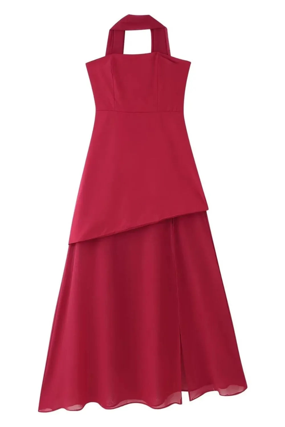Red strapless gown displayed in white background 