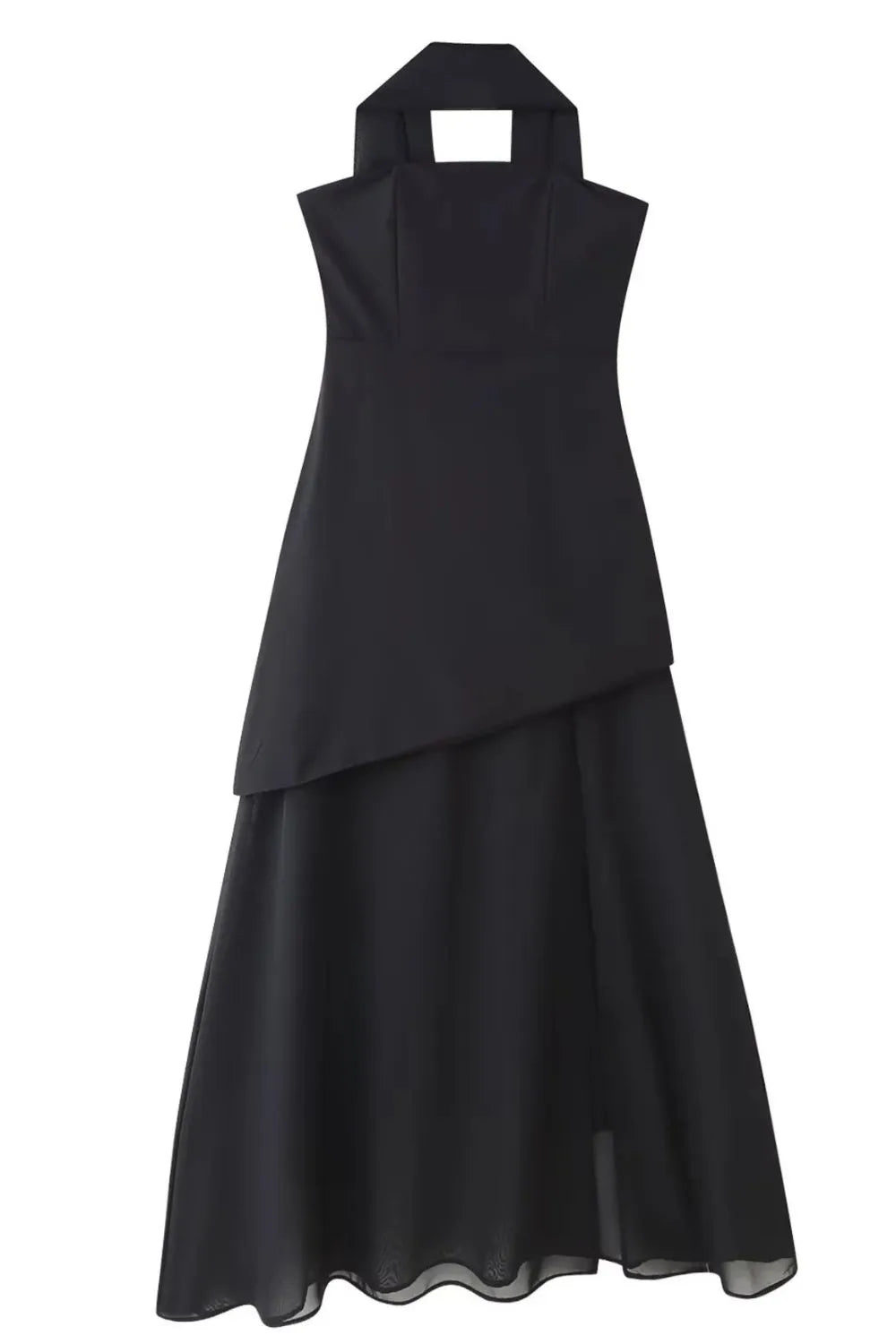 Black  strapless gown displayed in white background 