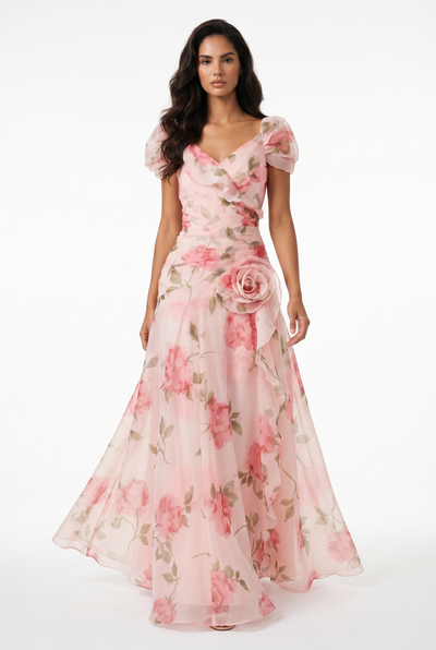 Floral Ruffled Short Sleeve Maxi Dress