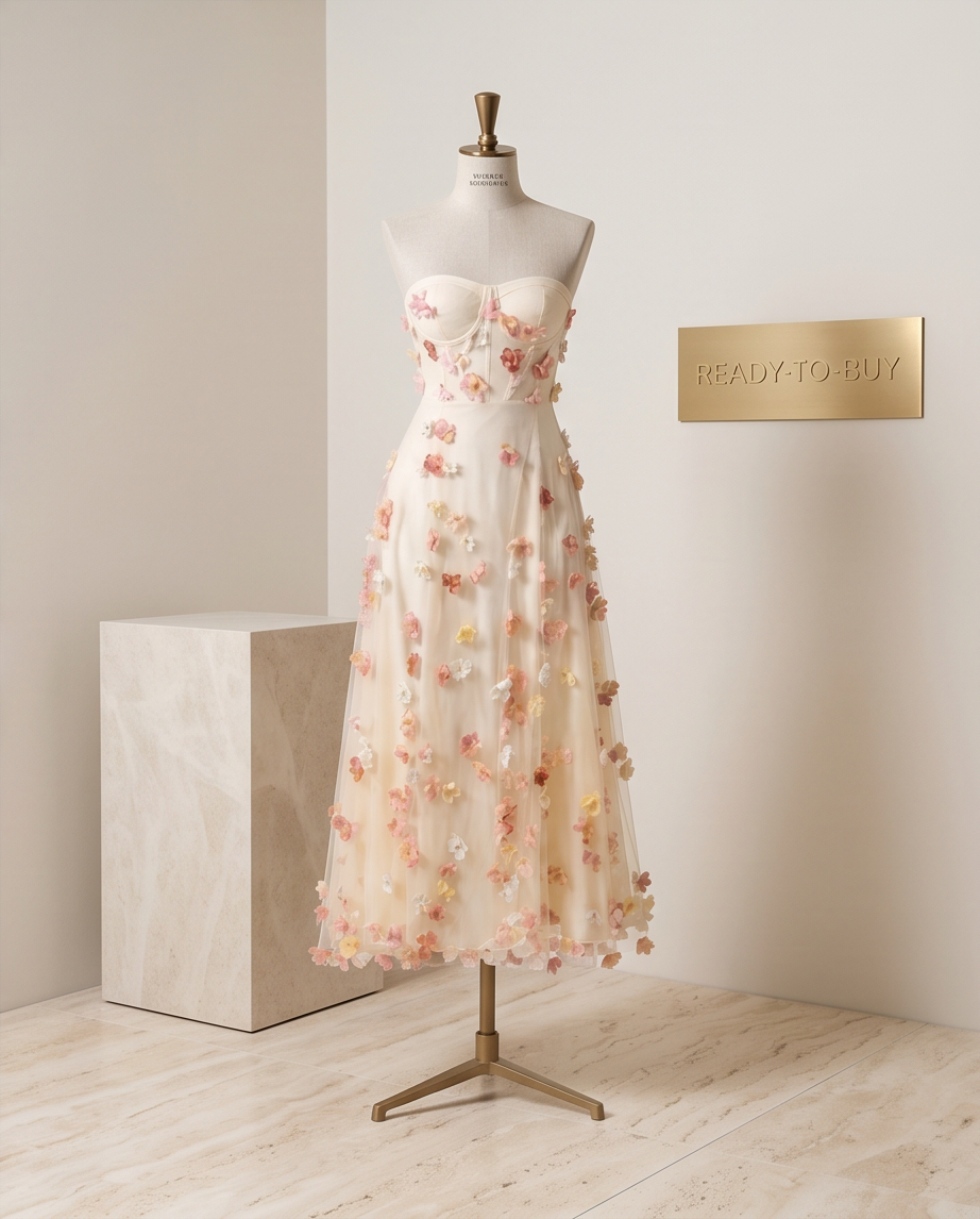 Floral dress on a mannequin with 'READY TO WARE' sign in a minimalistic setting