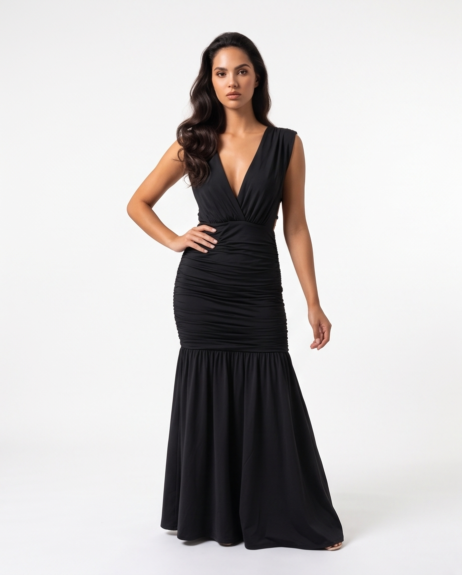 Ruched Plunge Sleeveless Maxi Dress