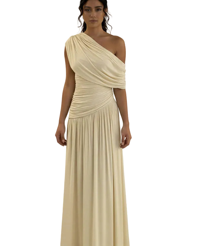 Champagne one shoulder ruched maxi dress elegant evening gown front view