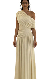 Champagne One-Shoulder Ruched Maxi Dress