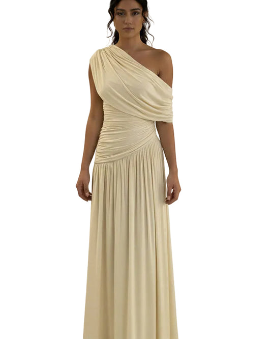 Champagne one shoulder ruched maxi dress elegant evening gown front view