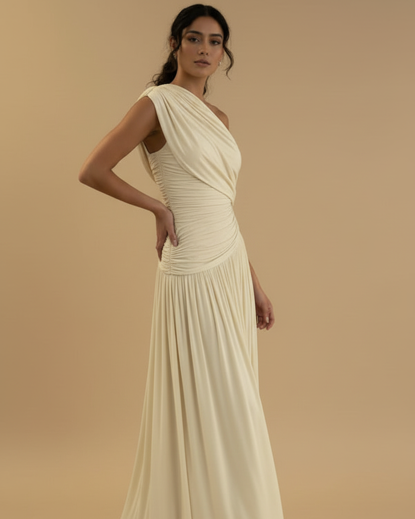 Champagne Grace One-Shoulder Ruched Maxi Dress