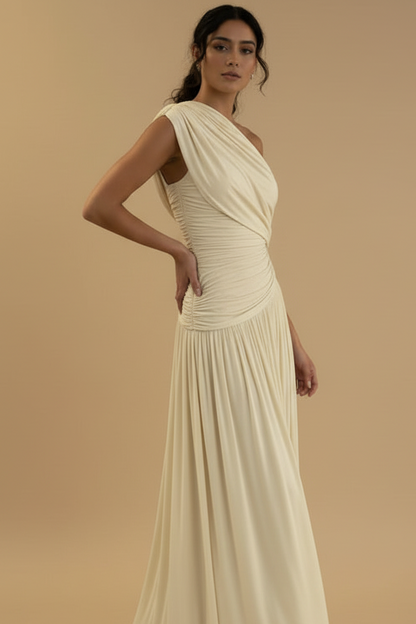 Champagne One-Shoulder Ruched Maxi Dress