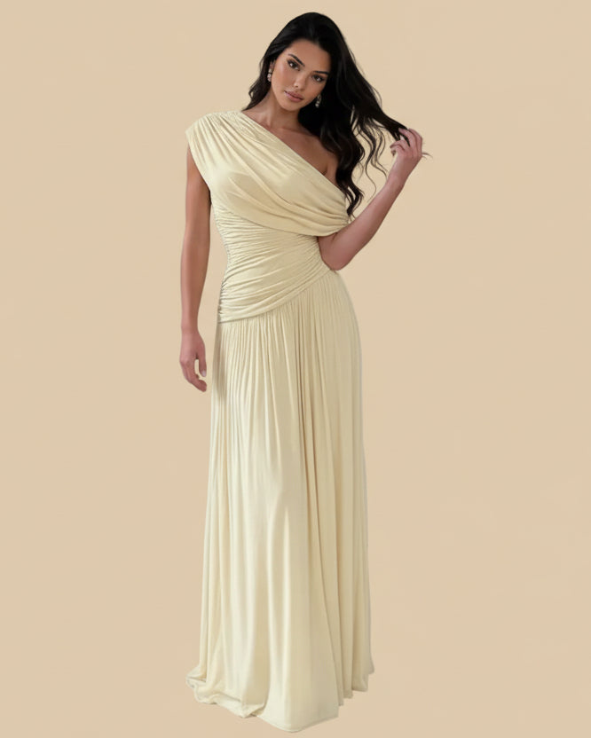 Champagne Grace One-Shoulder Ruched Maxi Dress