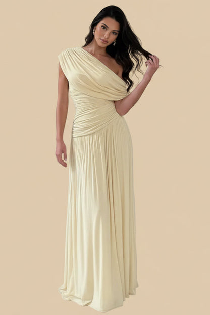 Champagne One-Shoulder Ruched Maxi Dress