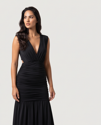 Ruched Plunge Sleeveless Maxi Dress