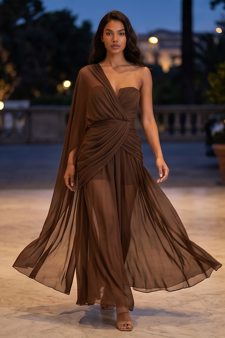 Woman wearing a brown dress with a draped design outdoors at night.
