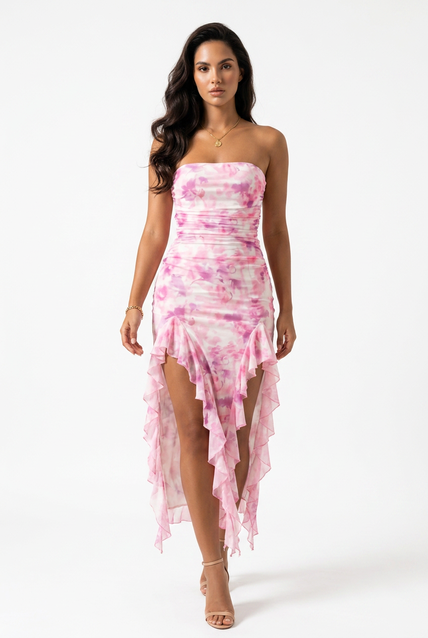 A woman models a strapless high-low dress with a pink and white tie-dye floral pattern, set against a plain white studio background.