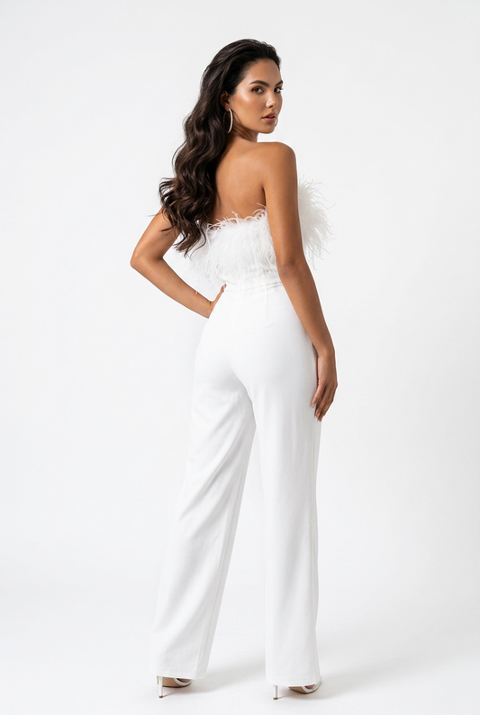 Feather Trim Strapless Wide-Leg Jumpsuit