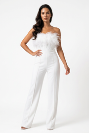 Feather Trim Strapless Wide-Leg Jumpsuit