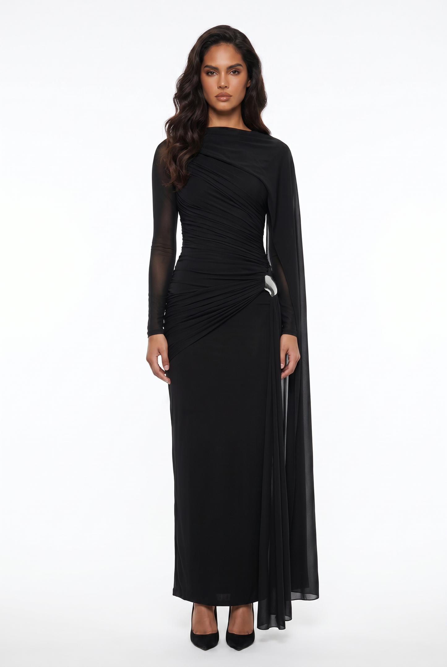 Ruched Draped Long Sleeve Maxi Dress
