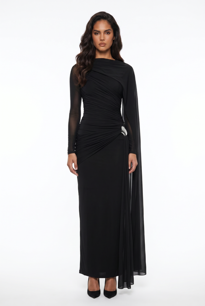Ruched Draped Long Sleeve Maxi Dress