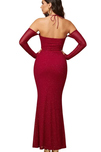 Model wearing a Glitter Sweetheart Neck Long Sleeve Maxi Dress
