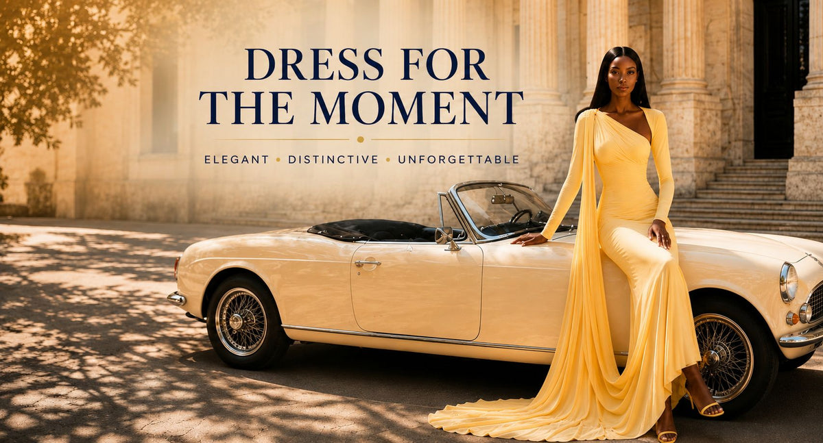 A woman wearing a flowing pale yellow evening gown stands beside a cream convertible car in front of a sunlit stone building. Large text reads 'DRESS FOR THE MOMENT' with smaller descriptors 'Elegant • Distinctive • Unforgettable'.