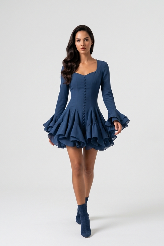 A woman modeling a short blue dress with long flared sleeves, a square neckline, front buttons, and a ruffled hem, paired with matching blue ankle boots, against a light gray studio background.