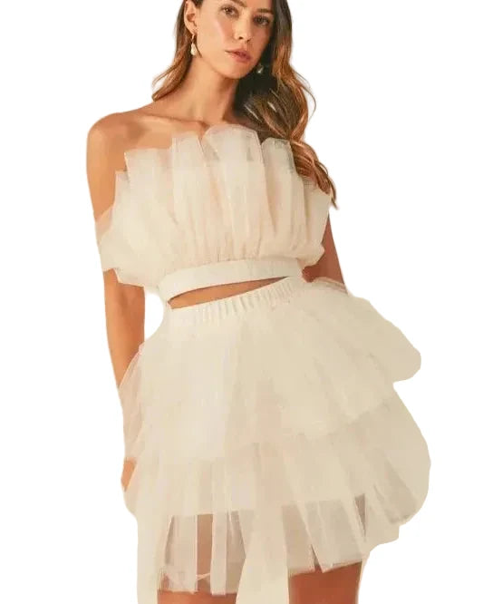 model wearing MABLE Tulle Tube Ruffle Crop Top and High Low Maxi Skirt Set