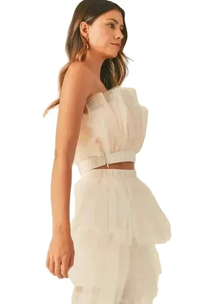 lady model MABLE Tulle Tube Ruffle Crop Top and High Low Maxi Skirt Set side view
