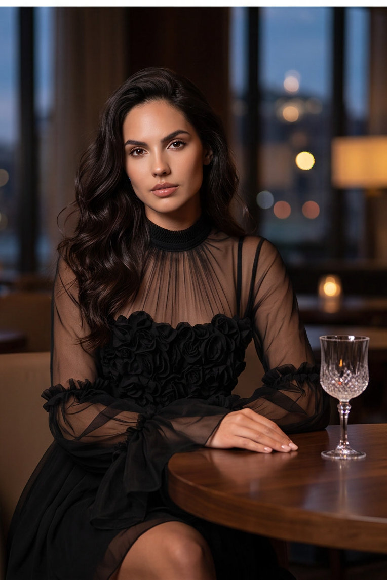 A woman with long wavy dark hair sits at a wooden table in a dimly lit restaurant or lounge, wearing a sheer black high-neck dress with a ruffled bodice and long sheer sleeves. A crystal wine glass sits on the table beside her.