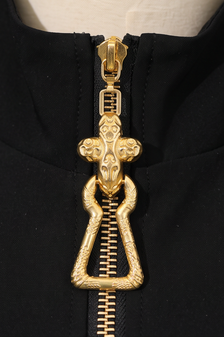 A close-up of a black zippered garment featuring a highly ornate gold zipper pull shaped like a skull with a snake forming the lower loop, set against a light beige mannequin neck.